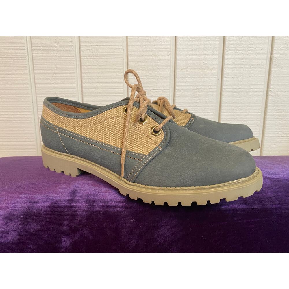 vintage 1990s nine west lace up oxfords canvas shoes blue beige size 9 brogues
